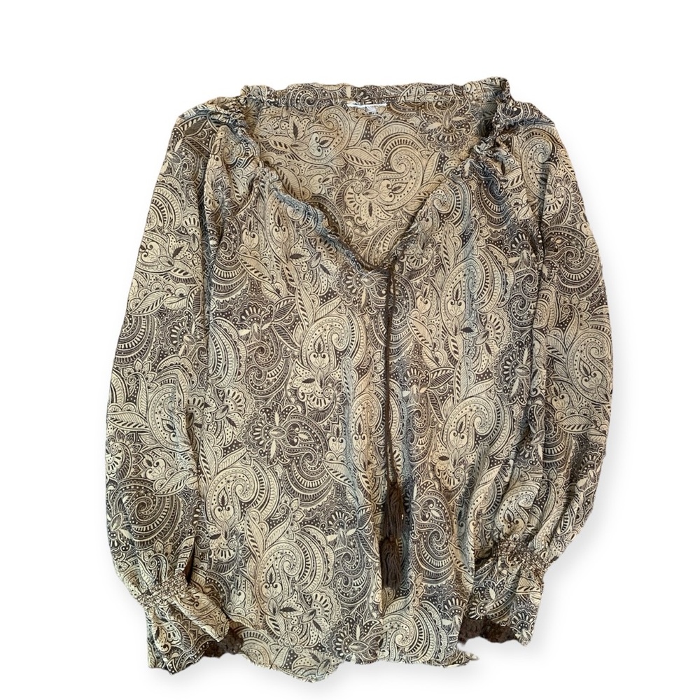 Vintage Y2k‎ Bell Sleeve Top Women’s Ruffle Flare Sheer Brown Paisley Tassel S M
